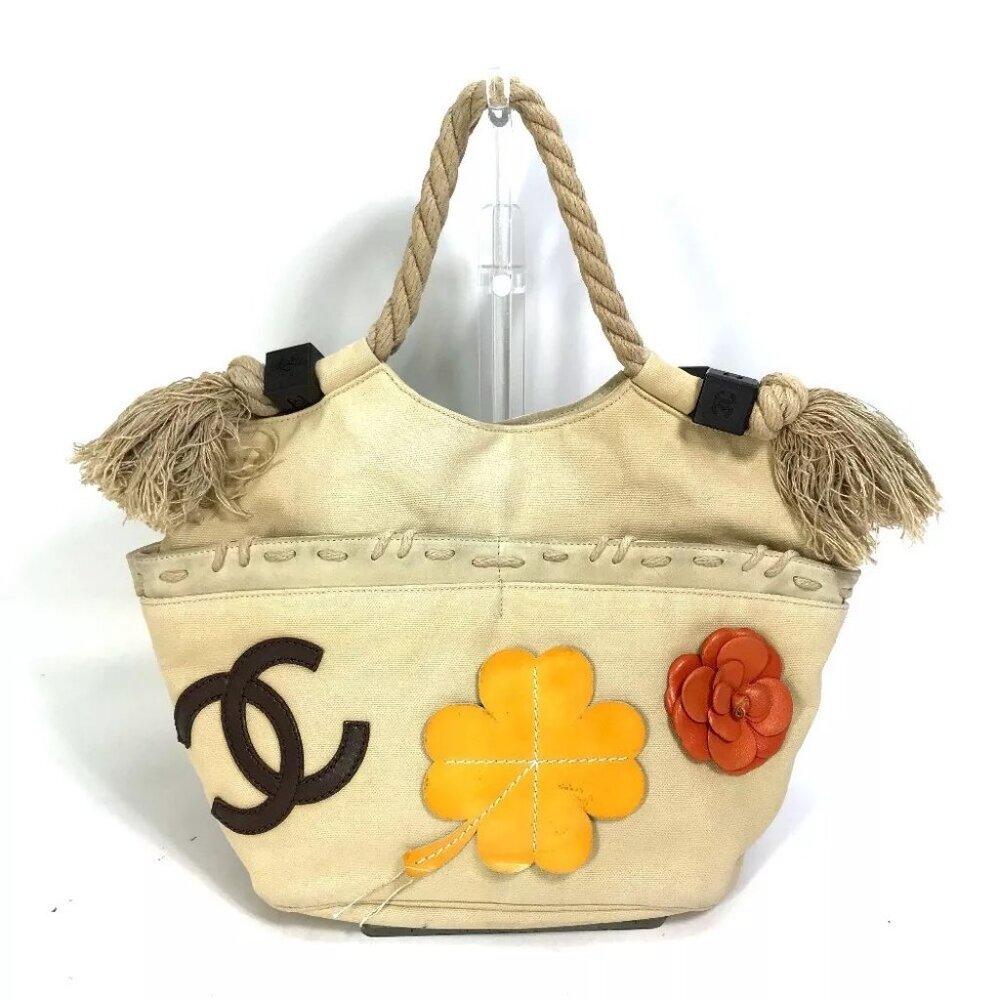 CHANEL CC Mark Clover Flower fish bag net bag Tote Bag Shoulder Bag Canvas Beige